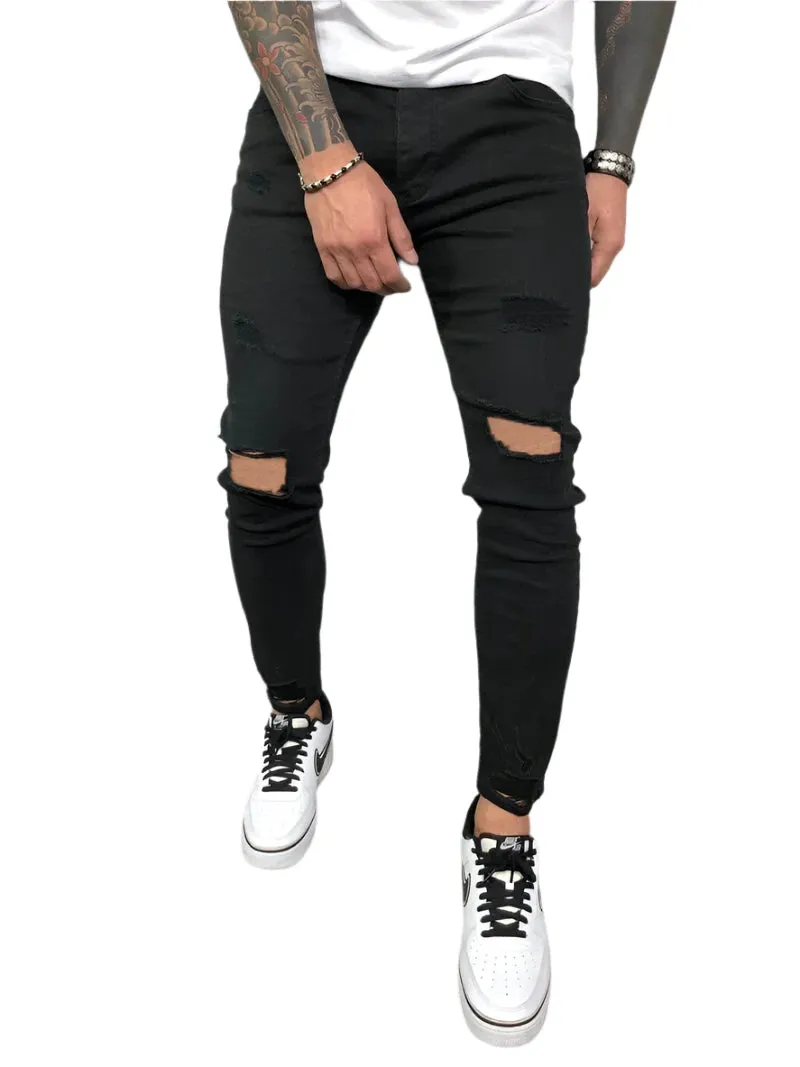 Fashion Style Ripped Skinny Jeans Men Solid Denim Casual Slim Fit Pants