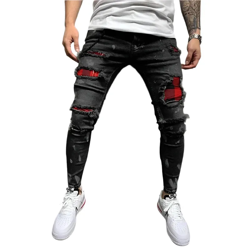 Fashion Style Ripped Skinny Jeans Men Solid Denim Casual Slim Fit Pants