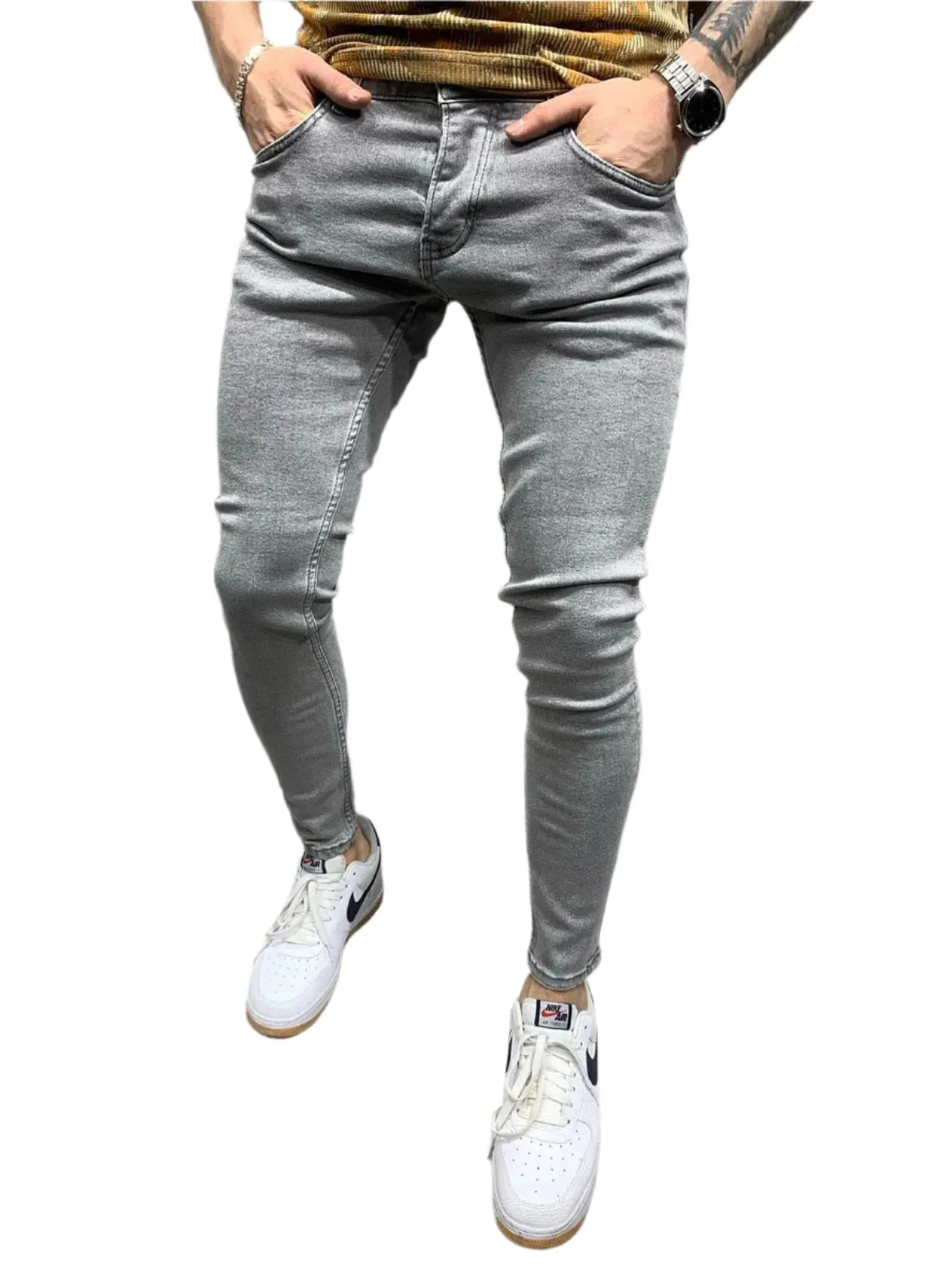 Fashion Style Ripped Skinny Jeans Men Solid Denim Casual Slim Fit Pants