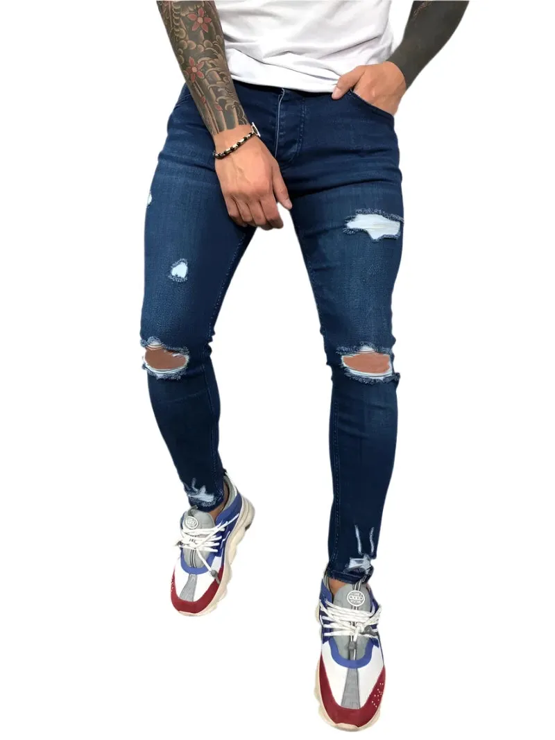 Fashion Style Ripped Skinny Jeans Men Solid Denim Casual Slim Fit Pants