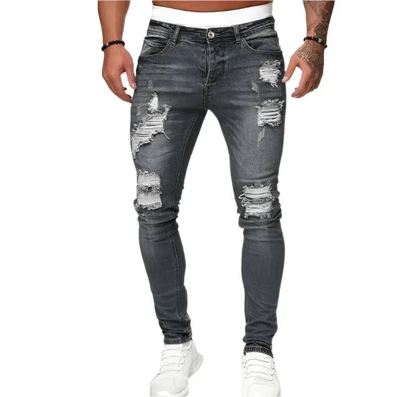 Fashion Style Ripped Skinny Jeans Men Solid Denim Casual Slim Fit Pants