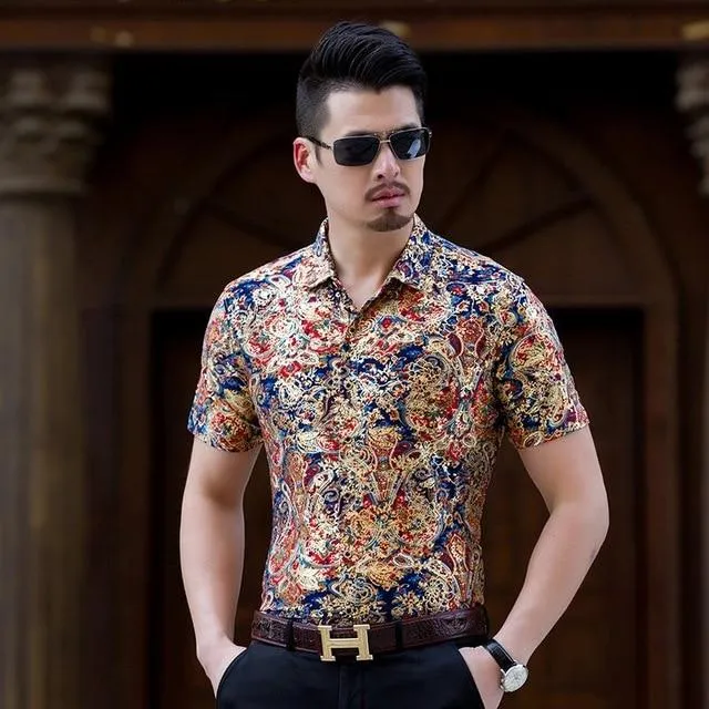 Floral Print Shirt Men 2020 Brand New Gold Bronzing Short Sleeve Chemise Homme Fancy Flower Mens Dress Shirts Camisa Masculina