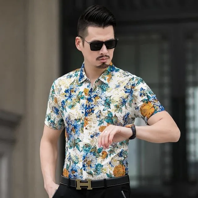 Floral Print Shirt Men 2020 Brand New Gold Bronzing Short Sleeve Chemise Homme Fancy Flower Mens Dress Shirts Camisa Masculina