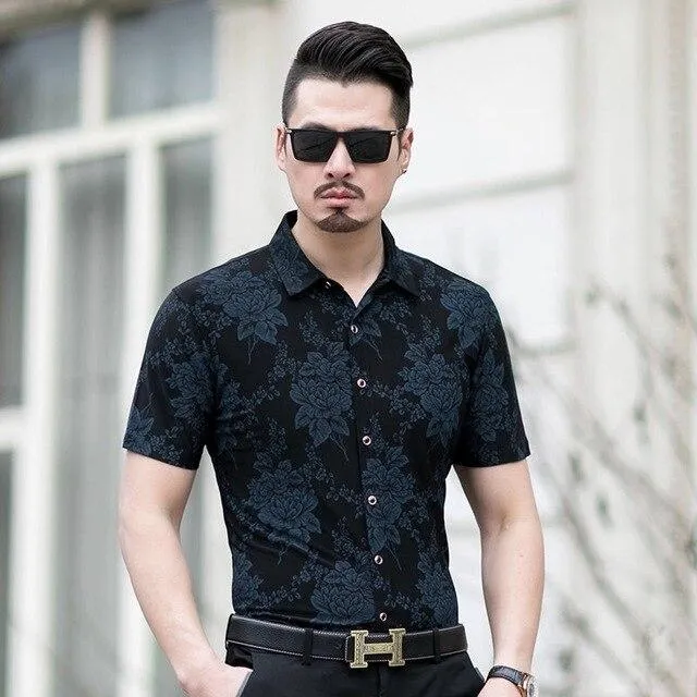 Floral Print Shirt Men 2020 Brand New Gold Bronzing Short Sleeve Chemise Homme Fancy Flower Mens Dress Shirts Camisa Masculina