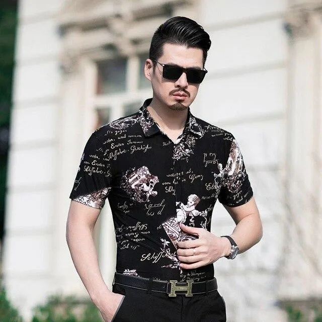 Floral Print Shirt Men 2020 Brand New Gold Bronzing Short Sleeve Chemise Homme Fancy Flower Mens Dress Shirts Camisa Masculina