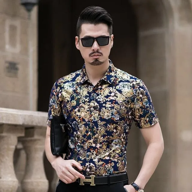 Floral Print Shirt Men 2020 Brand New Gold Bronzing Short Sleeve Chemise Homme Fancy Flower Mens Dress Shirts Camisa Masculina