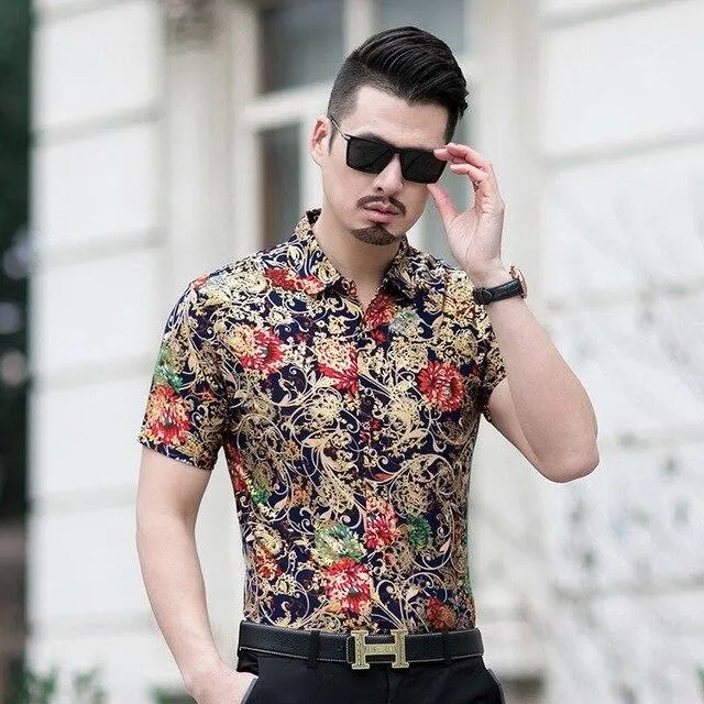 Floral Print Shirt Men 2020 Brand New Gold Bronzing Short Sleeve Chemise Homme Fancy Flower Mens Dress Shirts Camisa Masculina