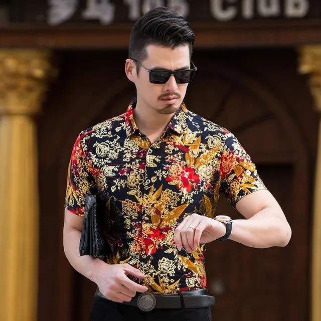 Floral Print Shirt Men 2020 Brand New Gold Bronzing Short Sleeve Chemise Homme Fancy Flower Mens Dress Shirts Camisa Masculina