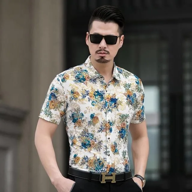 Floral Print Shirt Men 2020 Brand New Gold Bronzing Short Sleeve Chemise Homme Fancy Flower Mens Dress Shirts Camisa Masculina