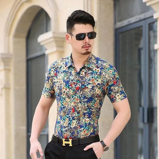 Floral Print Shirt Men 2020 Brand New Gold Bronzing Short Sleeve Chemise Homme Fancy Flower Mens Dress Shirts Camisa Masculina