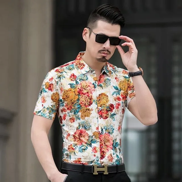 Floral Print Shirt Men 2020 Brand New Gold Bronzing Short Sleeve Chemise Homme Fancy Flower Mens Dress Shirts Camisa Masculina