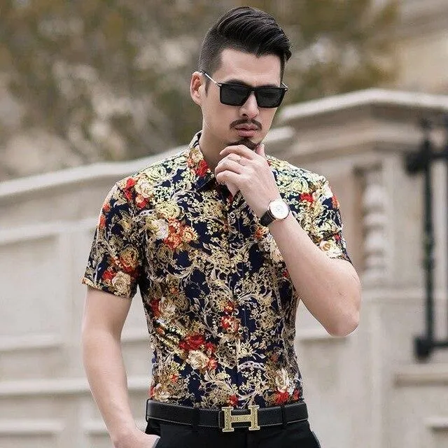 Floral Print Shirt Men 2020 Brand New Gold Bronzing Short Sleeve Chemise Homme Fancy Flower Mens Dress Shirts Camisa Masculina