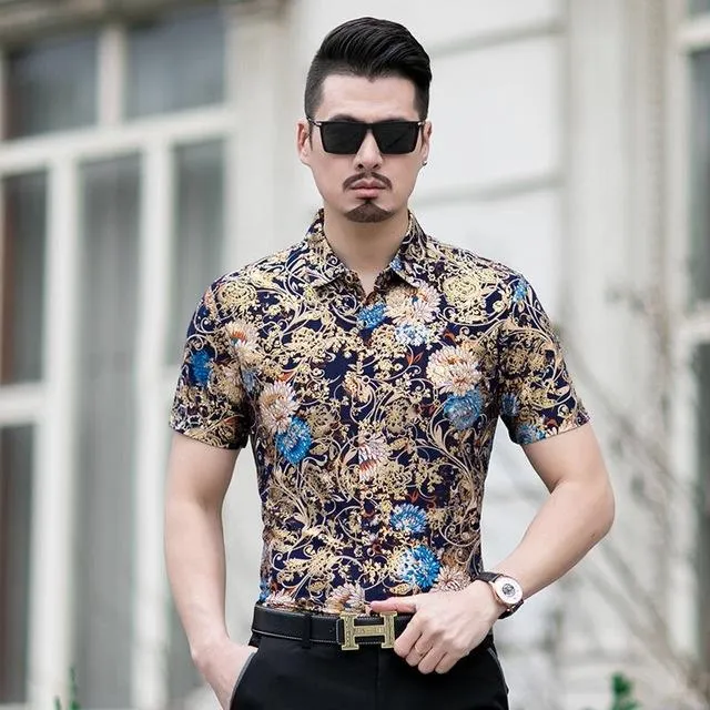 Floral Print Shirt Men 2020 Brand New Gold Bronzing Short Sleeve Chemise Homme Fancy Flower Mens Dress Shirts Camisa Masculina