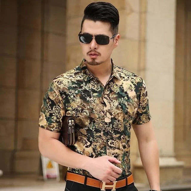 Floral Print Shirt Men 2020 Brand New Gold Bronzing Short Sleeve Chemise Homme Fancy Flower Mens Dress Shirts Camisa Masculina