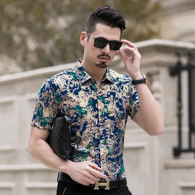 Floral Print Shirt Men 2020 Brand New Gold Bronzing Short Sleeve Chemise Homme Fancy Flower Mens Dress Shirts Camisa Masculina