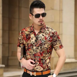 Floral Print Shirt Men 2020 Brand New Gold Bronzing Short Sleeve Chemise Homme Fancy Flower Mens Dress Shirts Camisa Masculina