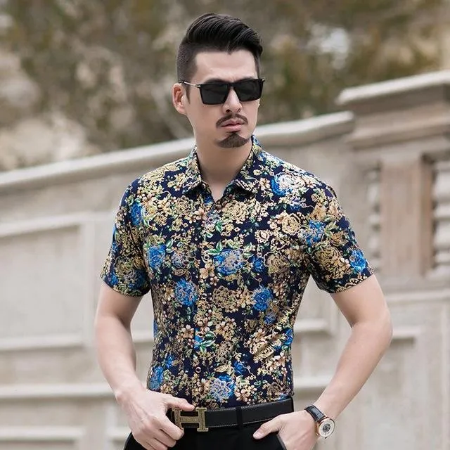 Floral Print Shirt Men 2020 Brand New Gold Bronzing Short Sleeve Chemise Homme Fancy Flower Mens Dress Shirts Camisa Masculina