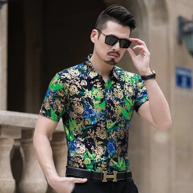 Floral Print Shirt Men 2020 Brand New Gold Bronzing Short Sleeve Chemise Homme Fancy Flower Mens Dress Shirts Camisa Masculina