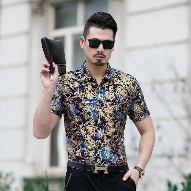 Floral Print Shirt Men 2020 Brand New Gold Bronzing Short Sleeve Chemise Homme Fancy Flower Mens Dress Shirts Camisa Masculina