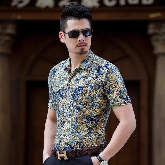 Floral Print Shirt Men 2020 Brand New Gold Bronzing Short Sleeve Chemise Homme Fancy Flower Mens Dress Shirts Camisa Masculina