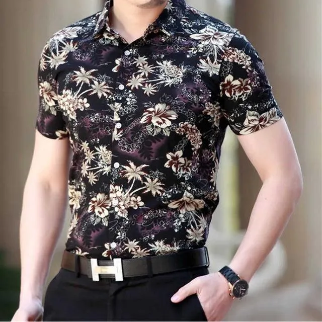 Floral Print Shirt Men 2020 Brand New Gold Bronzing Short Sleeve Chemise Homme Fancy Flower Mens Dress Shirts Camisa Masculina