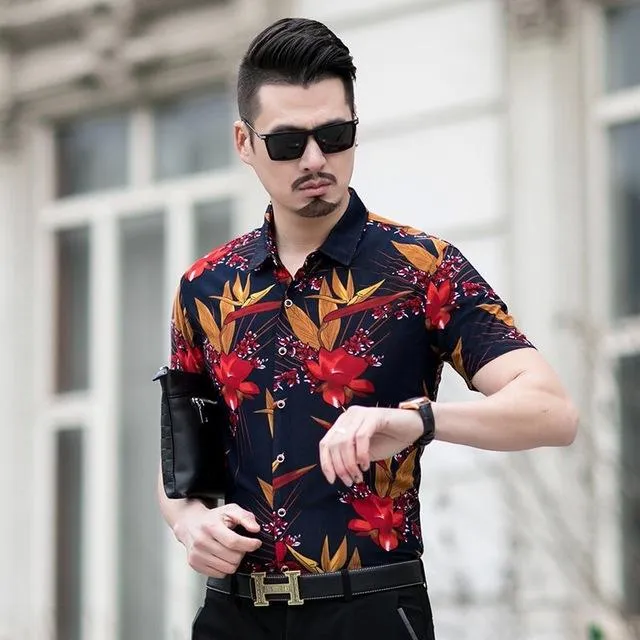 Floral Print Shirt Men 2020 Brand New Gold Bronzing Short Sleeve Chemise Homme Fancy Flower Mens Dress Shirts Camisa Masculina