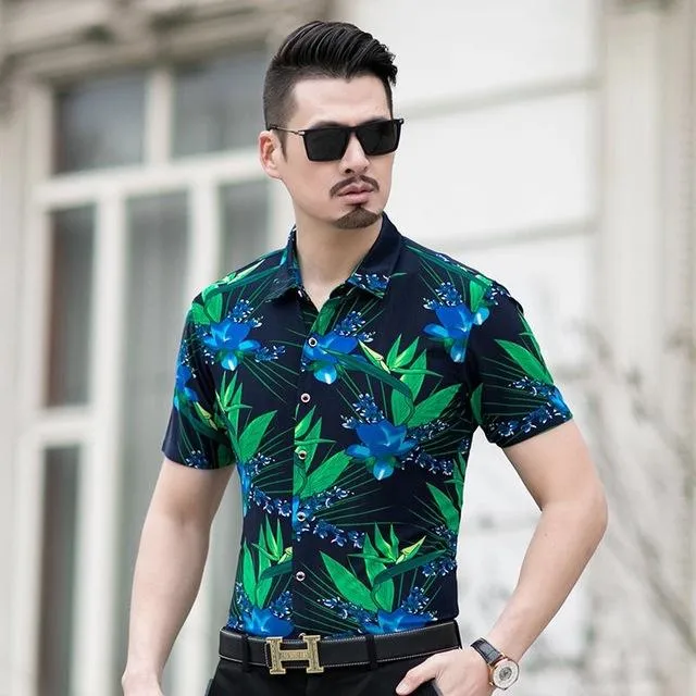 Floral Print Shirt Men 2020 Brand New Gold Bronzing Short Sleeve Chemise Homme Fancy Flower Mens Dress Shirts Camisa Masculina