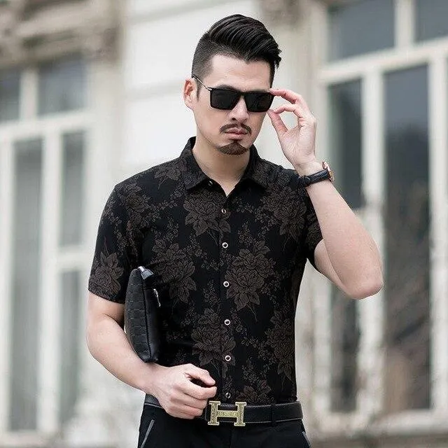 Floral Print Shirt Men 2020 Brand New Gold Bronzing Short Sleeve Chemise Homme Fancy Flower Mens Dress Shirts Camisa Masculina