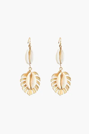 Gold and Shell Drop Earrings with Leaf Design