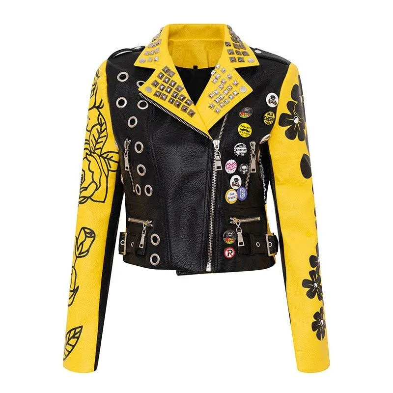 Graffiti Faux Leather Jacket Cropped Moto-Mellow Yellow