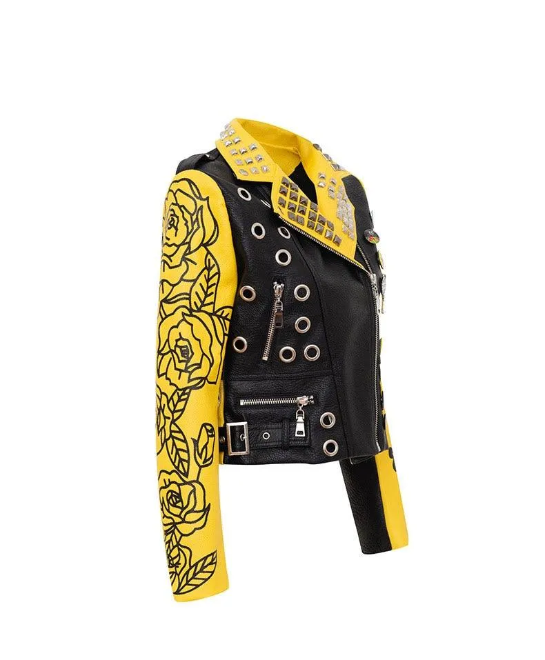 Graffiti Faux Leather Jacket Cropped Moto-Mellow Yellow