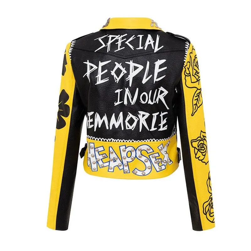 Graffiti Faux Leather Jacket Cropped Moto-Mellow Yellow