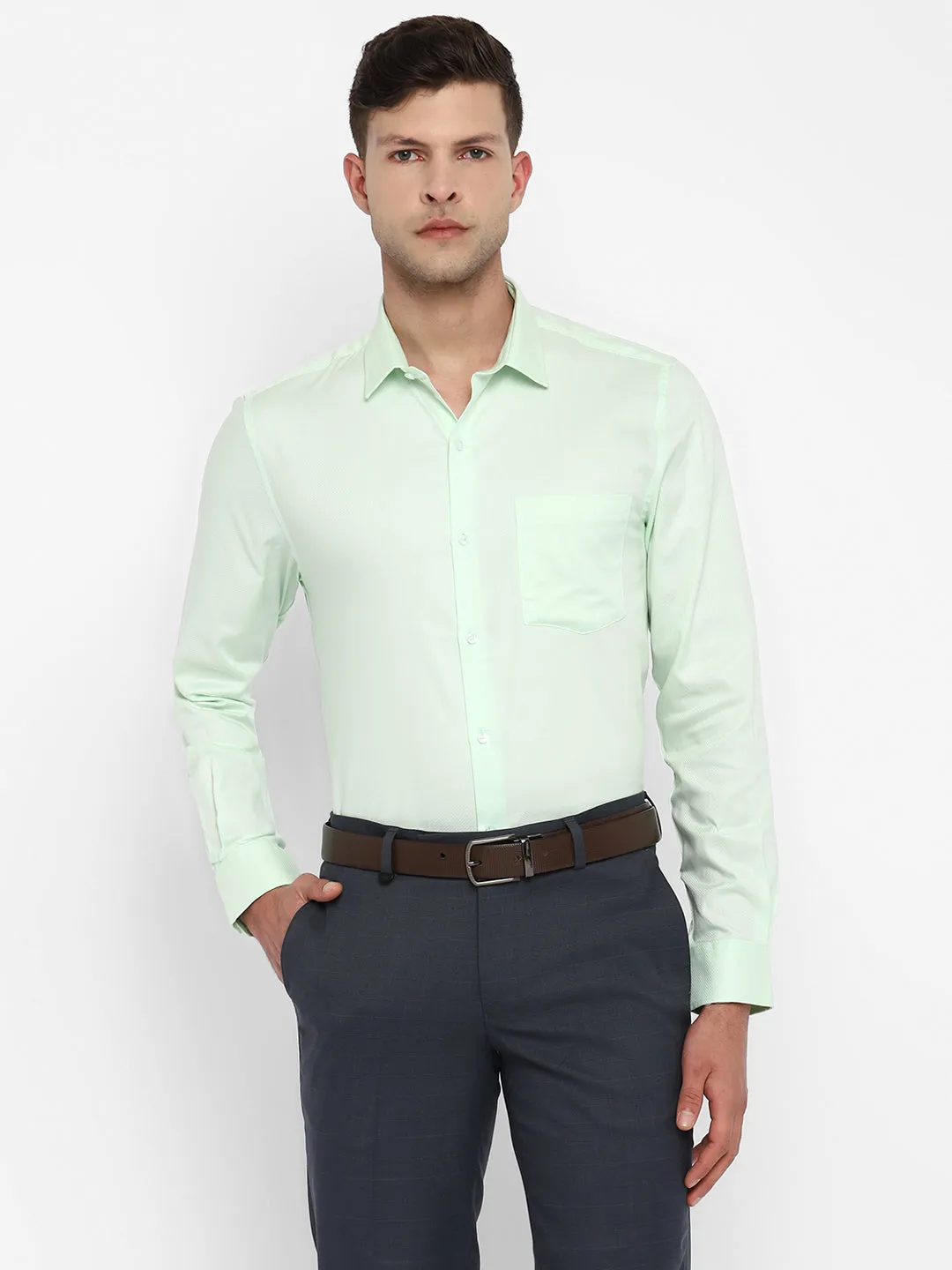 Green Cotton Self Design Slim Fit Shirts