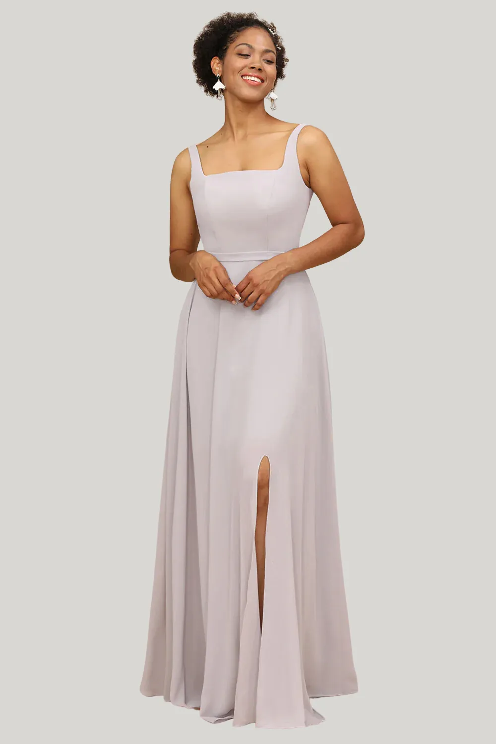 Grey A Line Square Neck Chiffon Maxi Dress with Slit