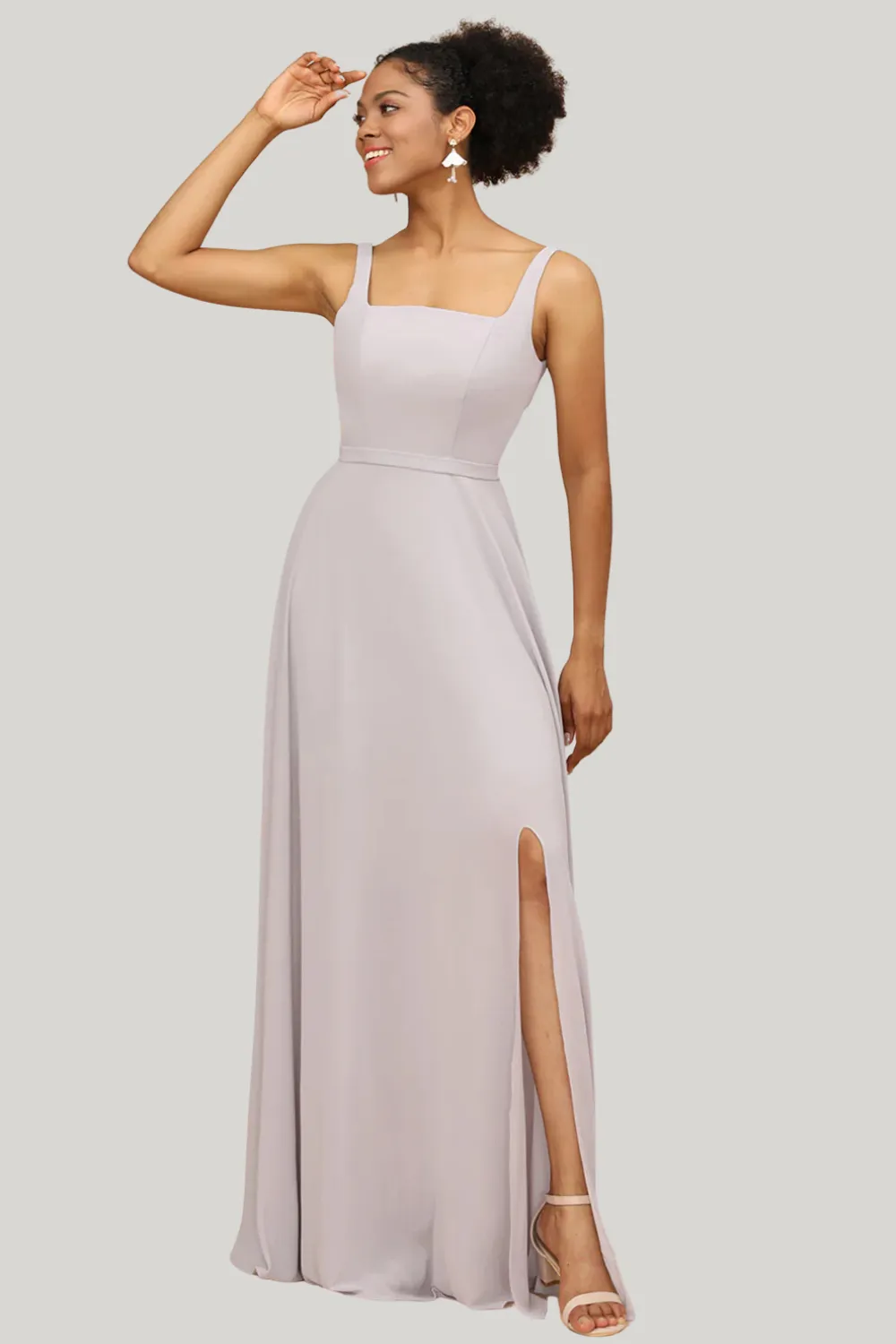 Grey A Line Square Neck Chiffon Maxi Dress with Slit