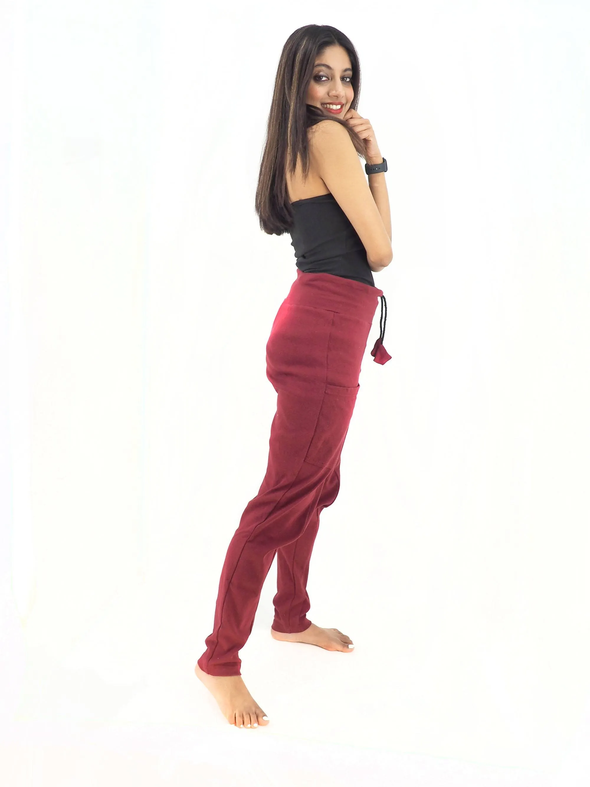 Handmade Casual Boho Cotton Solid Color Leggings Yoga Pants Size S/M to L/XL Burgundy