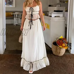 Hnewly 2 Piece Outfit Set Women Front Tie Up Spaghetti Strap Sleeveless Camisole with Long Skirt 2000s Clothing Beachwear