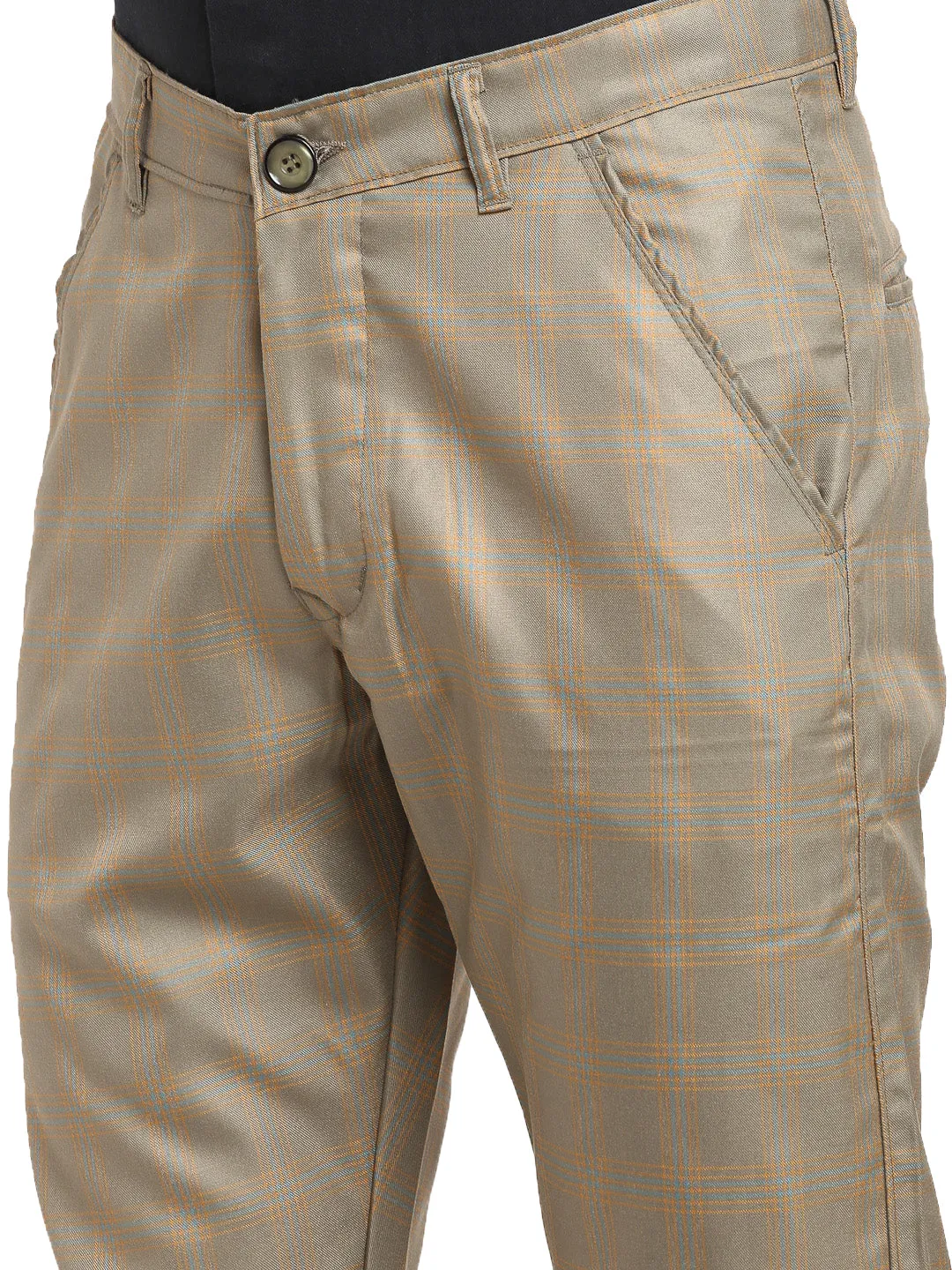 Jashvi Men's Brown Cotton Checked Formal Trousers