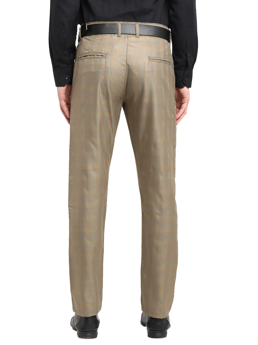 Jashvi Men's Brown Cotton Checked Formal Trousers