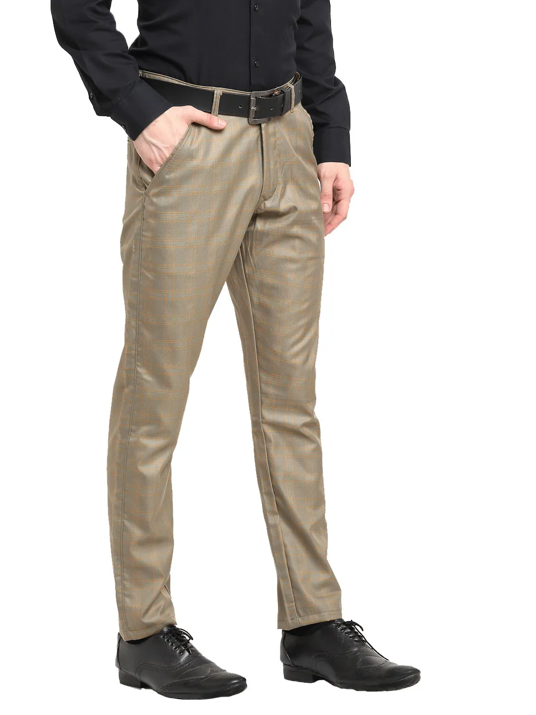 Jashvi Men's Brown Cotton Checked Formal Trousers