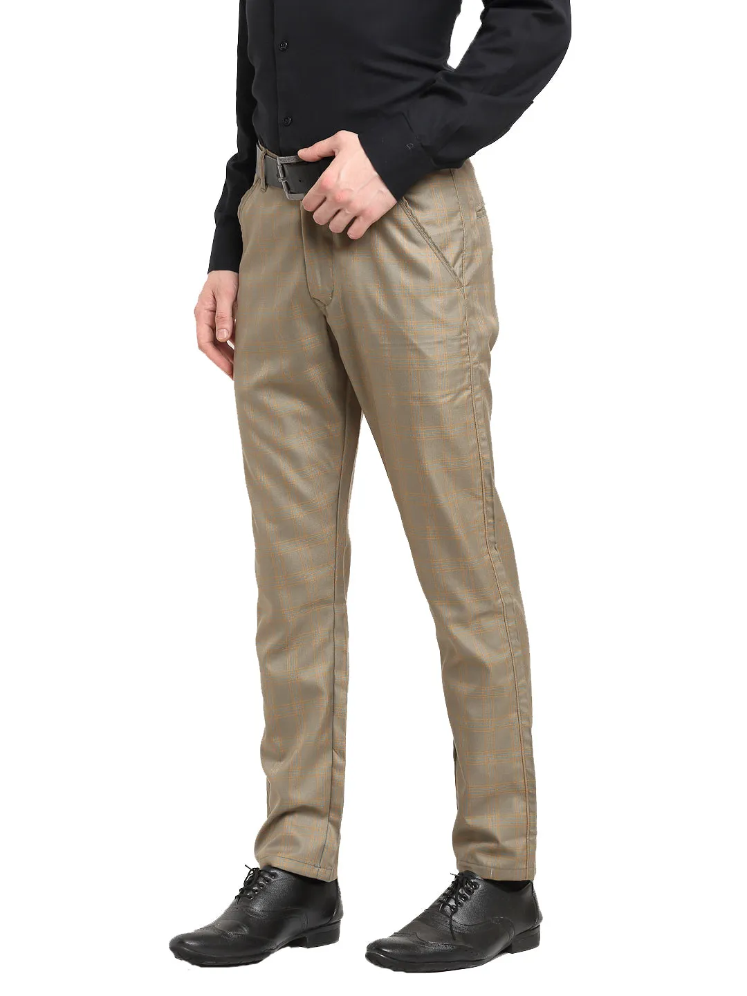 Jashvi Men's Brown Cotton Checked Formal Trousers