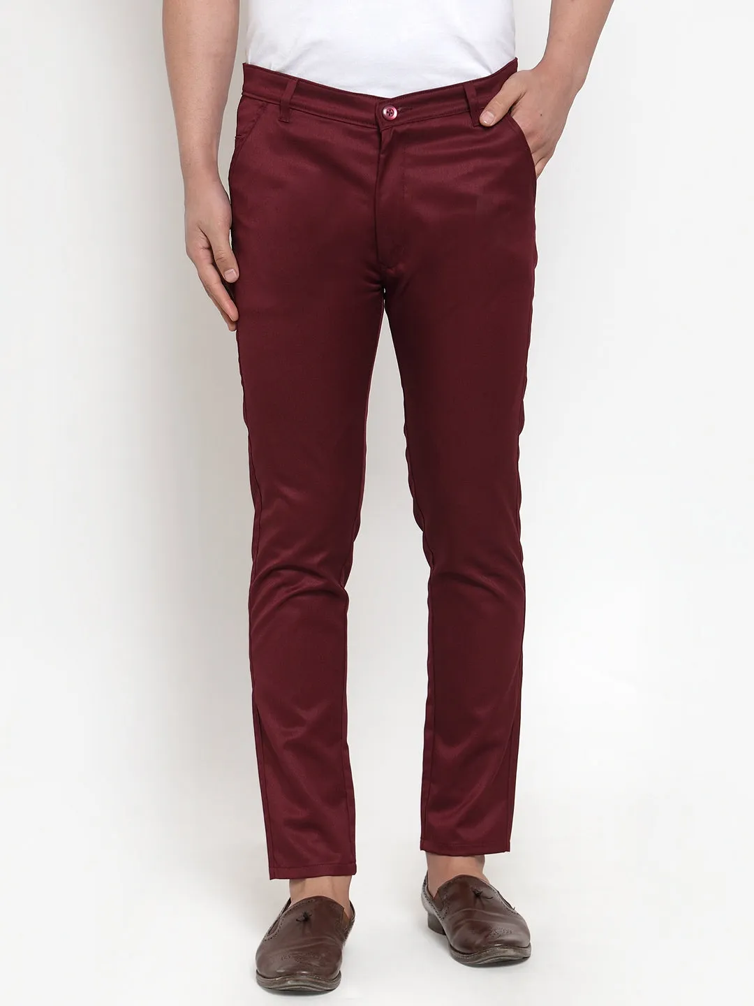 Jashvi Men's Maroon Solid Formal Trousers