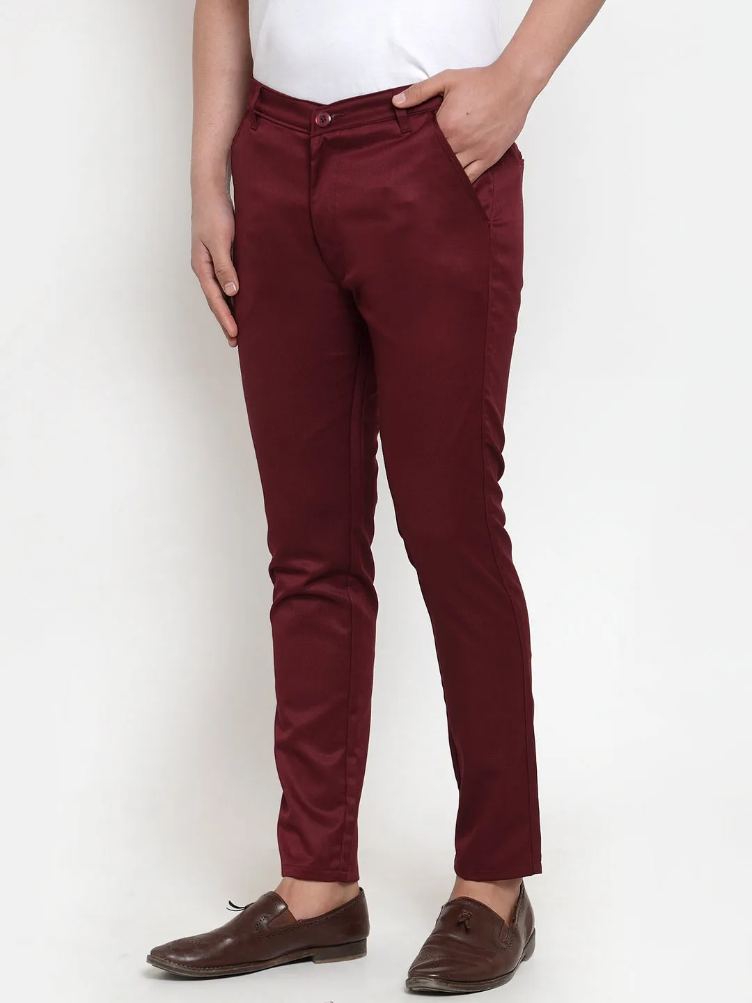 Jashvi Men's Maroon Solid Formal Trousers