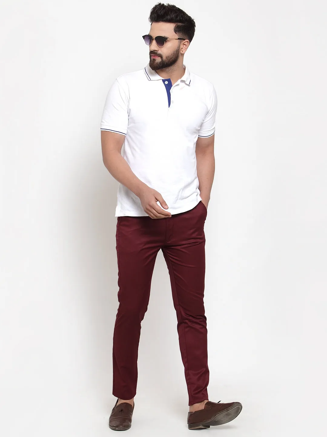 Jashvi Men's Maroon Solid Formal Trousers