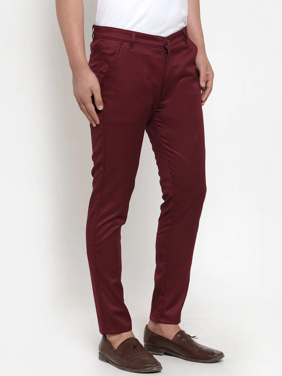 Jashvi Men's Maroon Solid Formal Trousers