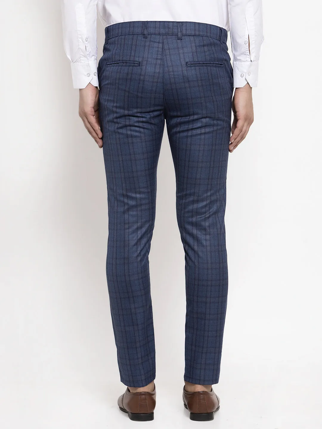 Jashvi Men's Navy Cotton Checked Formal Trousers