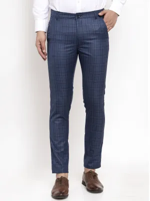 Jashvi Men's Navy Cotton Checked Formal Trousers