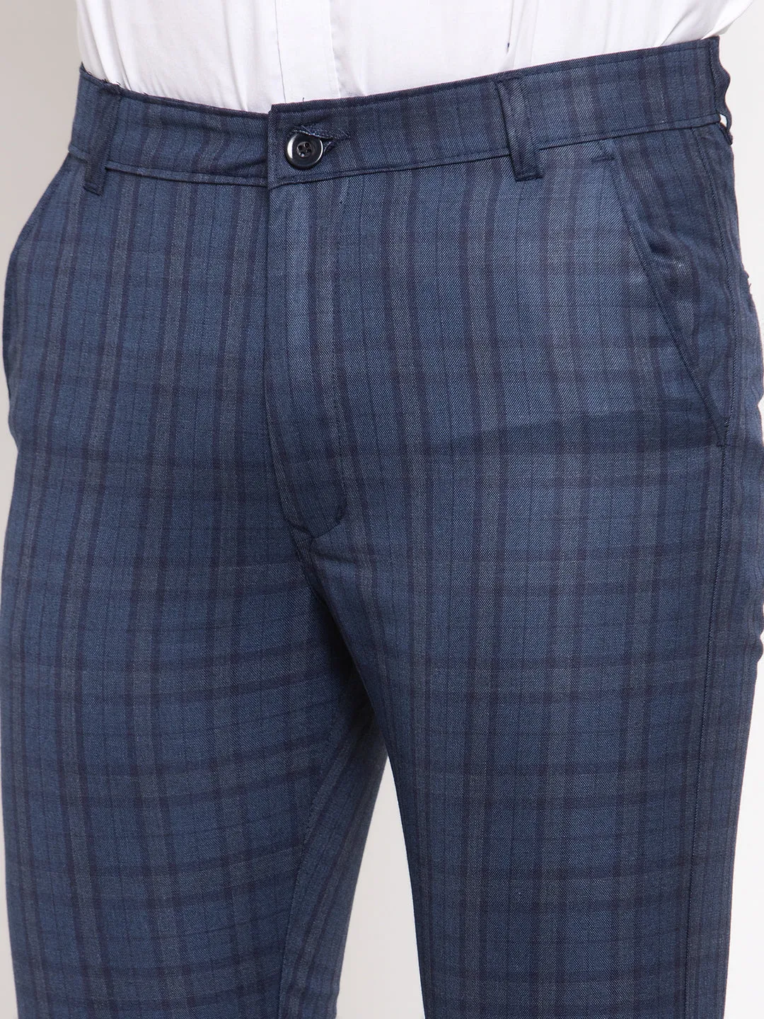 Jashvi Men's Navy Cotton Checked Formal Trousers