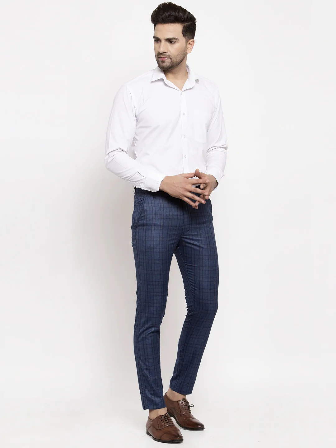 Jashvi Men's Navy Cotton Checked Formal Trousers