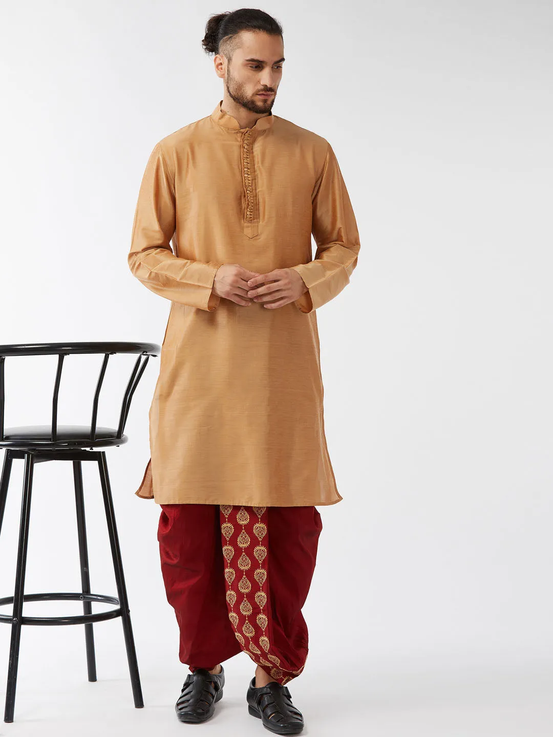 Jashvi Men's Rose Gold Kurta With Dhoti Pants